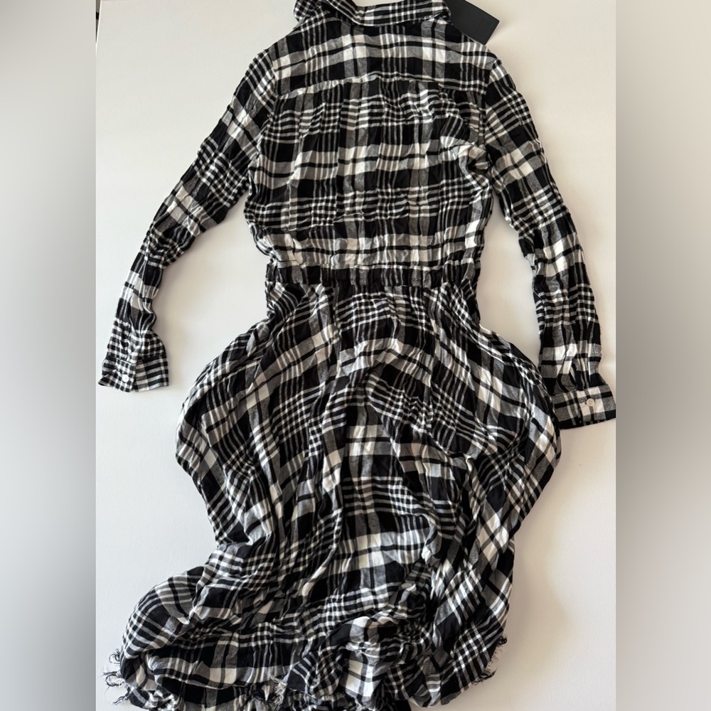 Kosmios Plaid Maxi Dress M Black White Boho Fringe Hem Pockets Tie Waist Flowy - Picture 5 of 8
